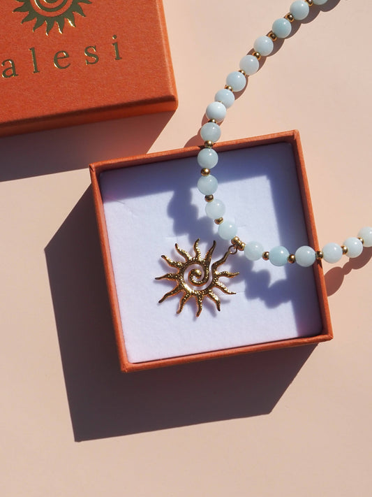 Spiral Sun Blue Beaded Gemstone Necklace : (Gold) 18K Gold over Stainless Steel / 16"