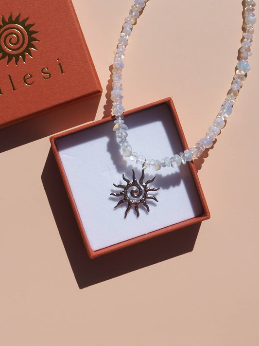 Spiral Sun Opalite Gemstone Necklace: (Silver) Stainless Steel