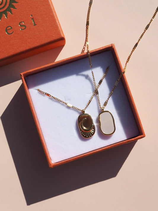 Double Sided - Mother of Pearl Crescent Moon Necklace 18K Gold