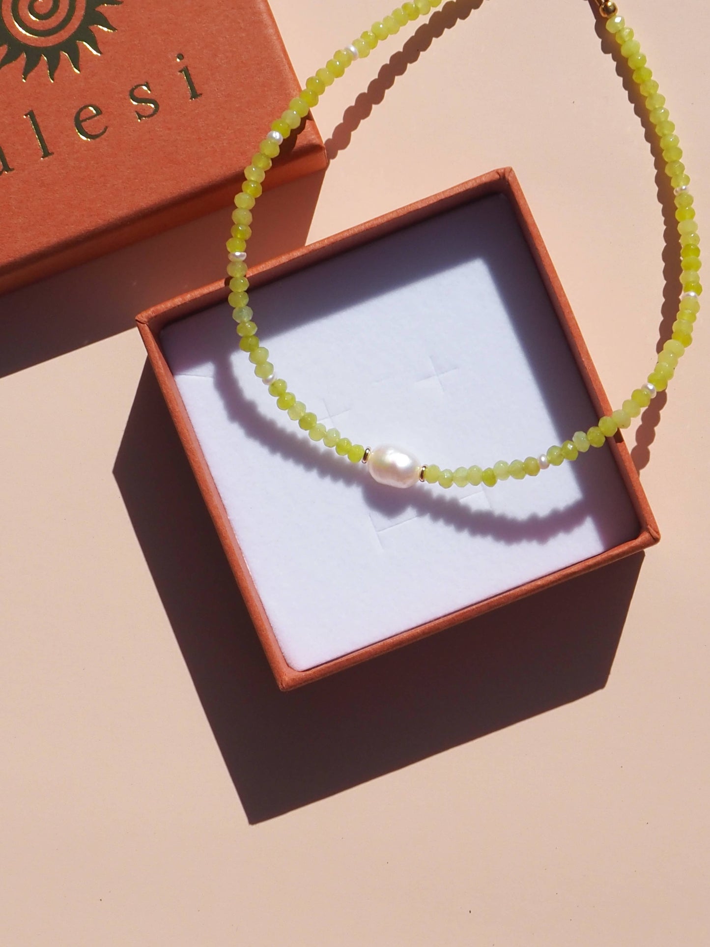 Freshwater Pearl with Lime Gemstone Beaded Necklace: (Silver) Stainless Steel