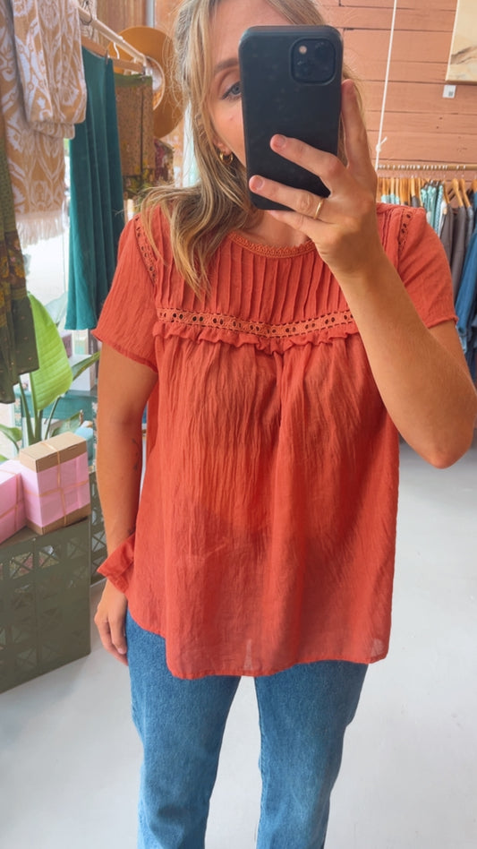 RENEW | Rust Cotton Pleated Top | S