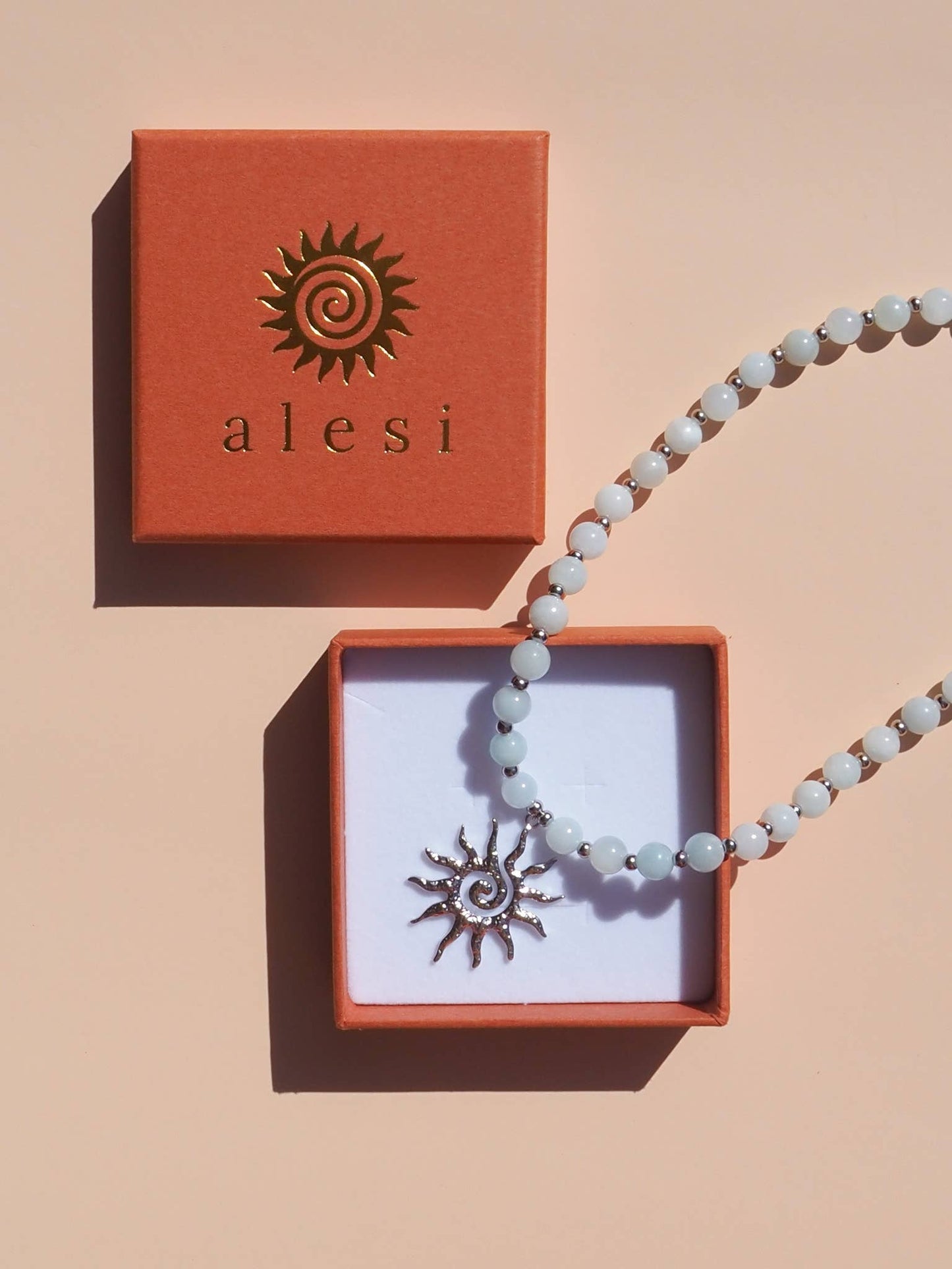 Spiral Sun Blue Beaded Gemstone Necklace : (Silver) Stainless Steel