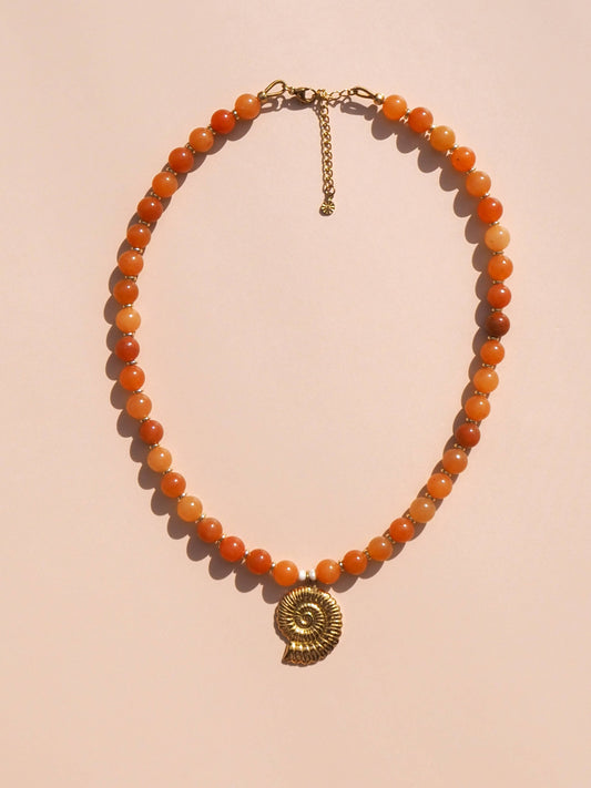 Spiral Shell Beaded Necklace Red Aventurine: 16" / (Gold) 18K Gold over Stainless Steel