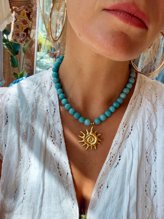 Gold Sun Necklace - Blue Beaded Adventurine