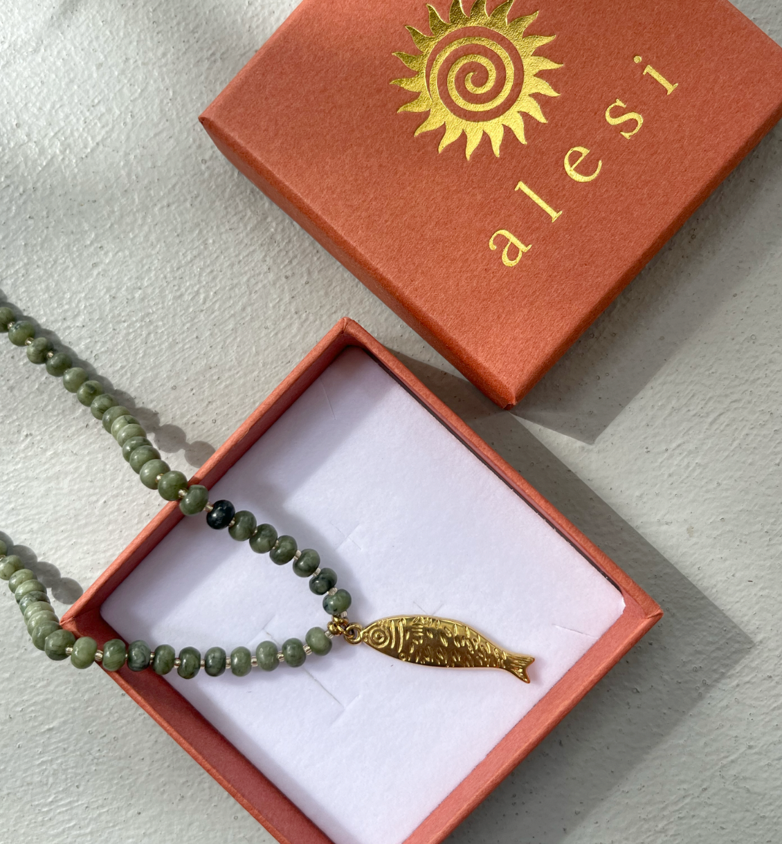 Gold Fish Necklace with Jade Beads