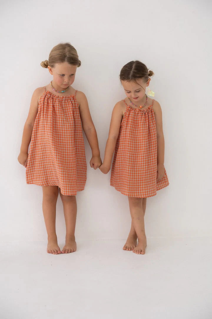 Linen Dress - Kids - Peach Check