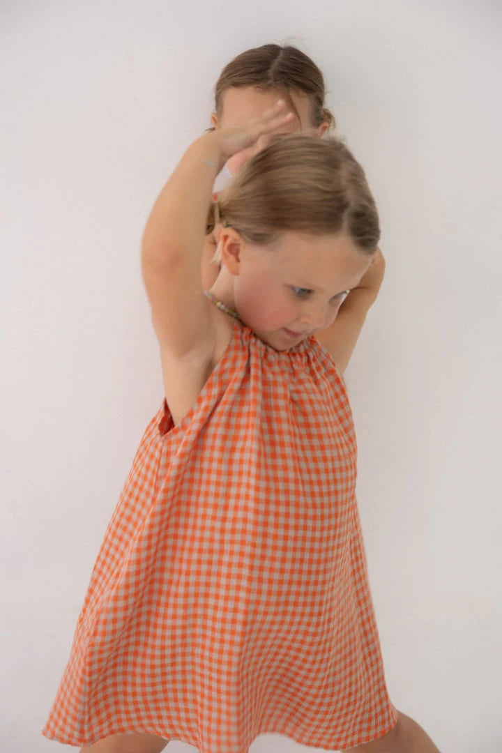 Linen Dress - Kids - Peach Check