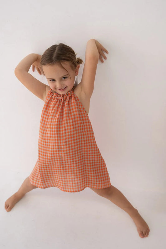 Linen Dress - Kids - Peach Check