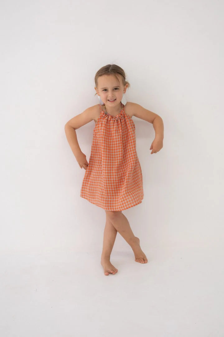 Linen Dress - Kids - Peach Check