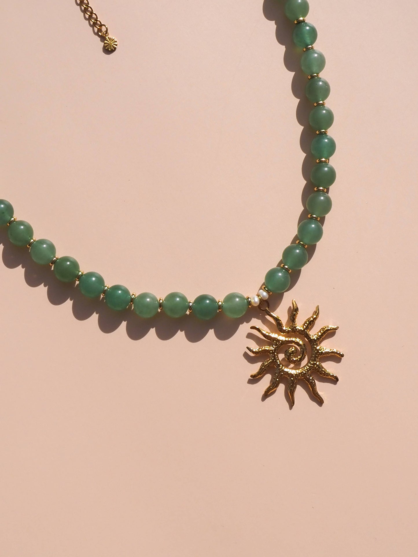 Spiral Sun Green Aventurine Natural Gemstone Beaded Necklace: 16" / (Silver) Stainless Steel