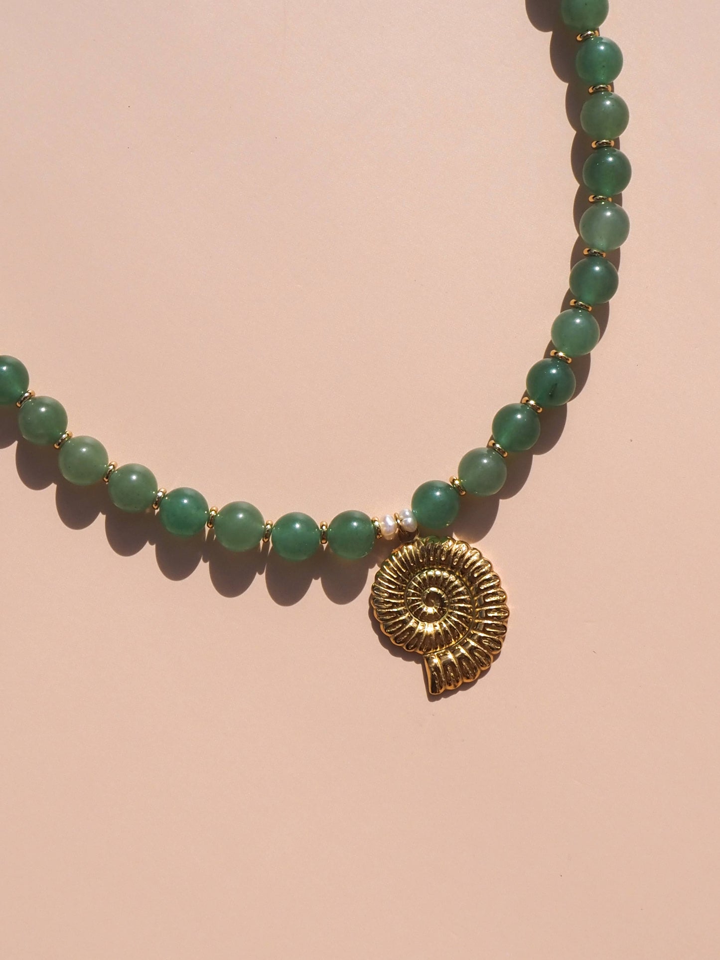 Spiral Shell Beaded Necklace Green Aventurine : 16" / (Gold) 18K Gold over Stainless Steel