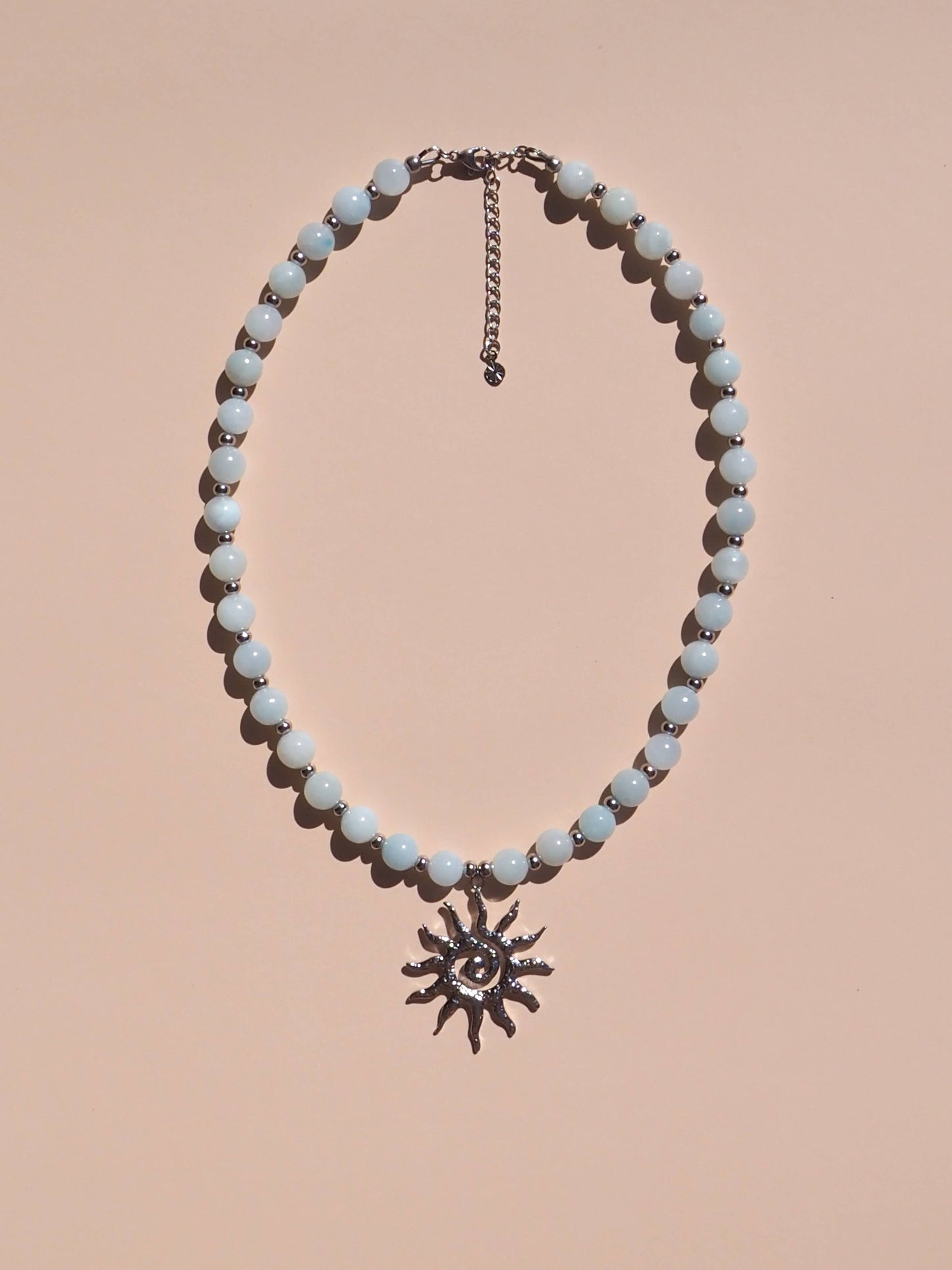 Spiral Sun Blue Beaded Gemstone Necklace : (Silver) Stainless Steel