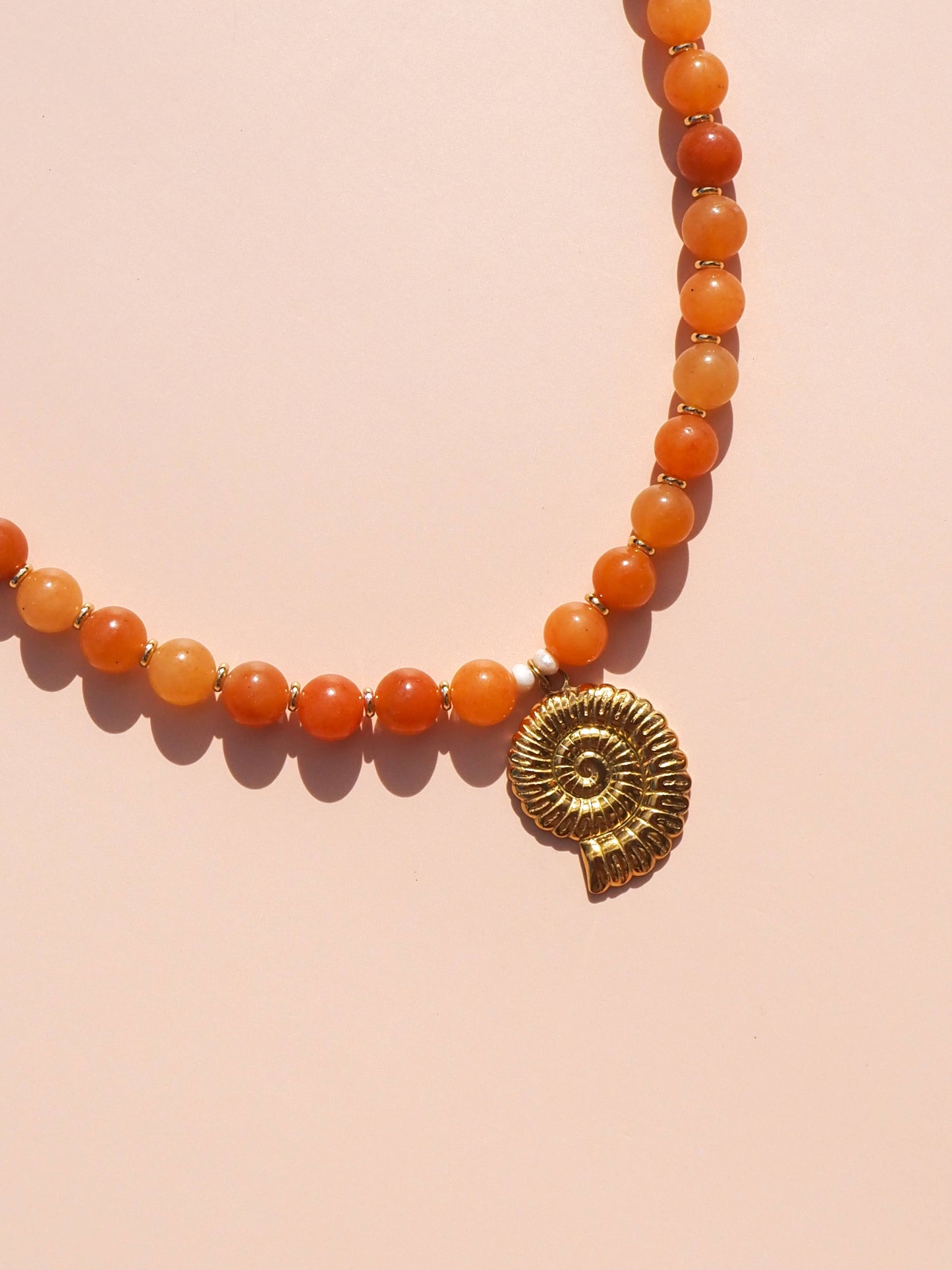 Spiral Shell Beaded Necklace Red Aventurine: 16" / (Gold) 18K Gold over Stainless Steel