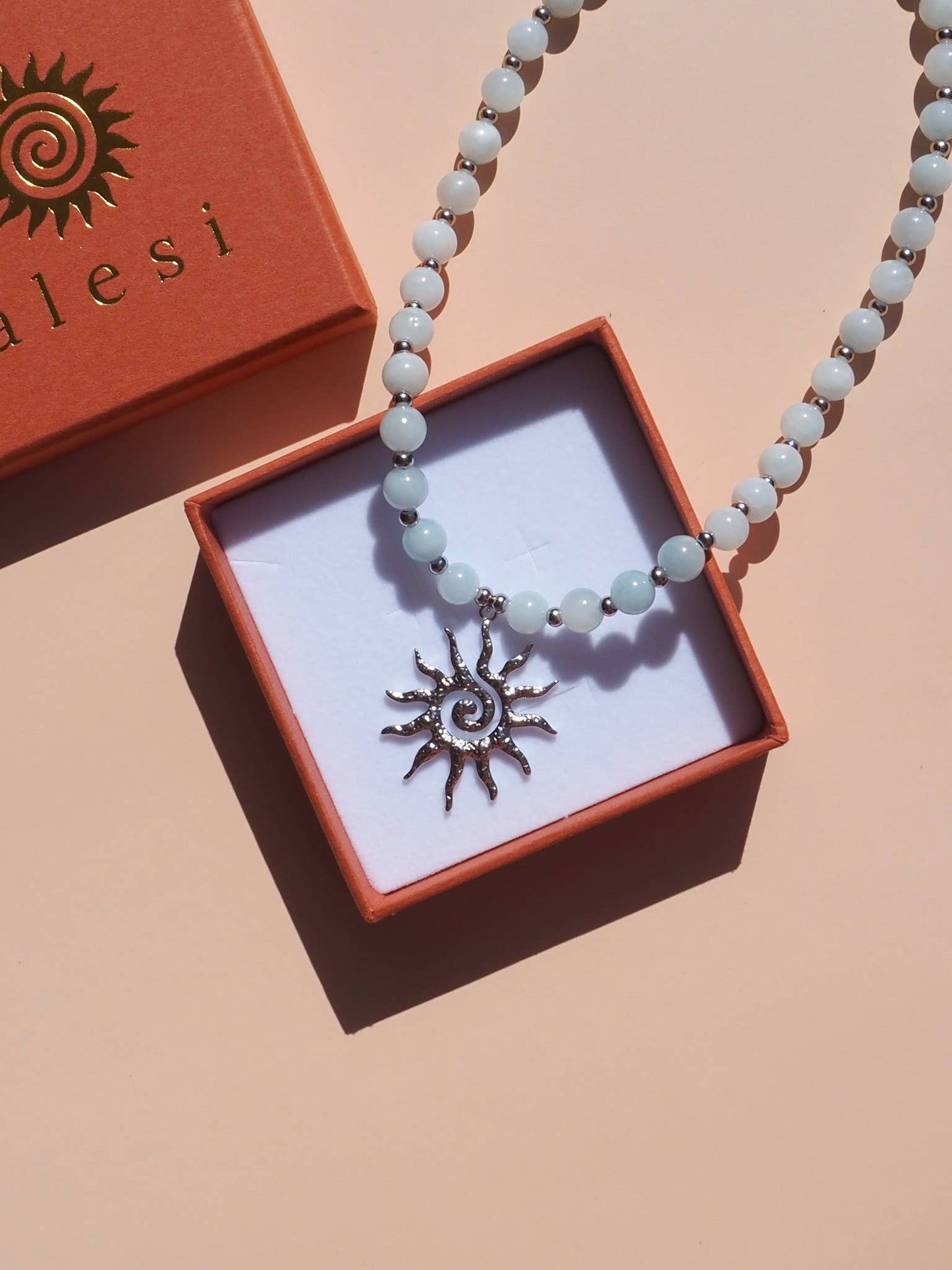 Spiral Sun Blue Beaded Gemstone Necklace : (Silver) Stainless Steel