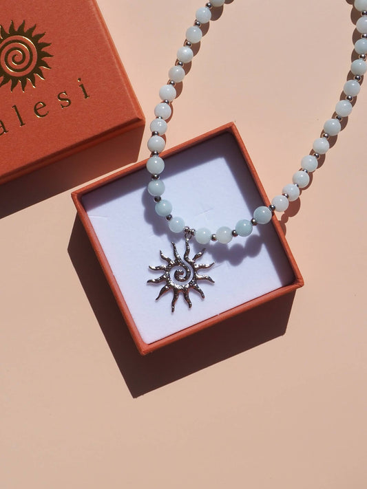 Spiral Sun Blue Beaded Gemstone Necklace : (Silver) Stainless Steel