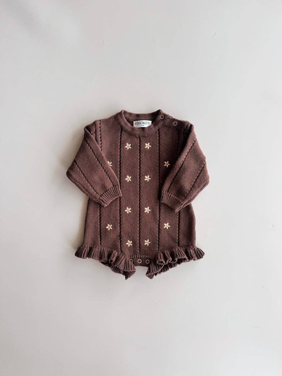 Embroidered Pointelle Romper | Brown Daisy