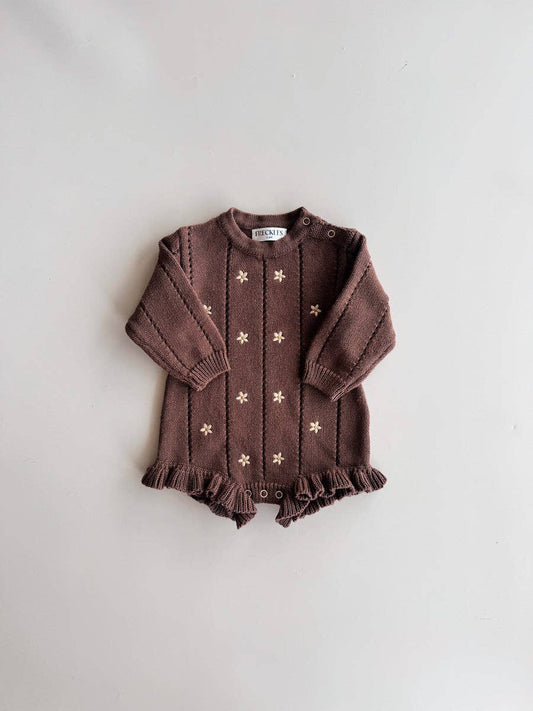 Embroidered Pointelle Romper | Brown Daisy