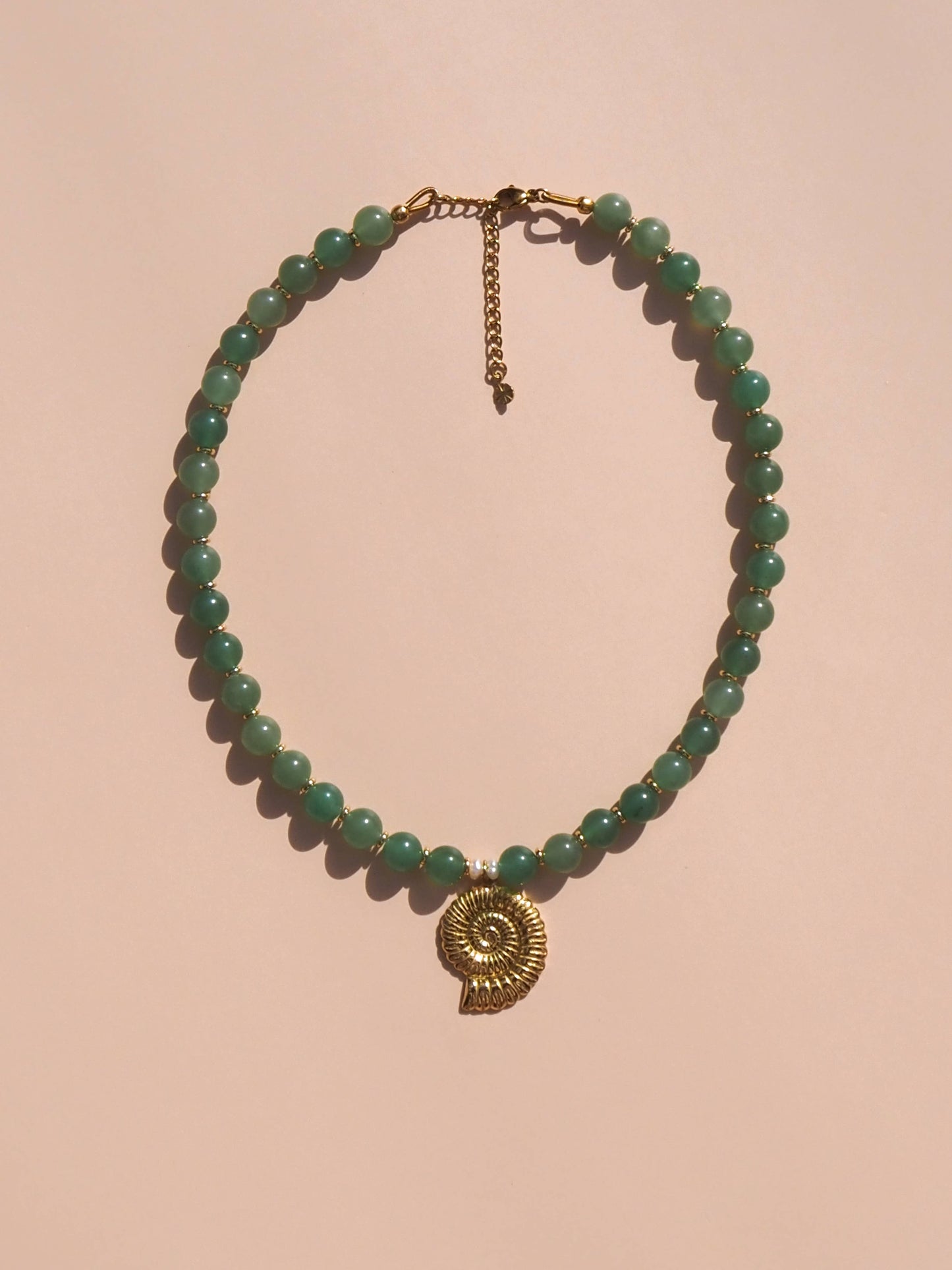 Spiral Shell Beaded Necklace Green Aventurine : 16" / (Gold) 18K Gold over Stainless Steel