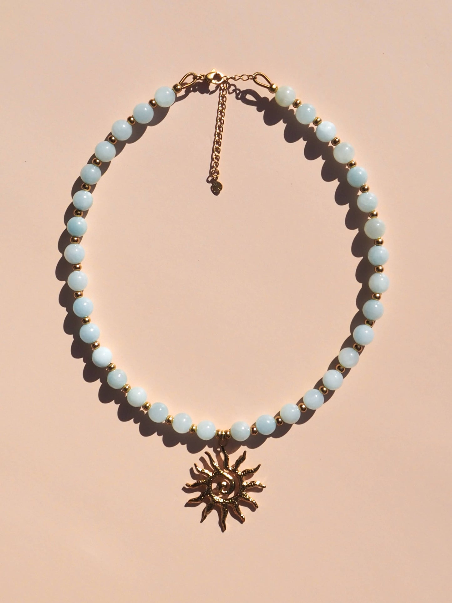 Spiral Sun Blue Beaded Gemstone Necklace : (Gold) 18K Gold over Stainless Steel / 16"