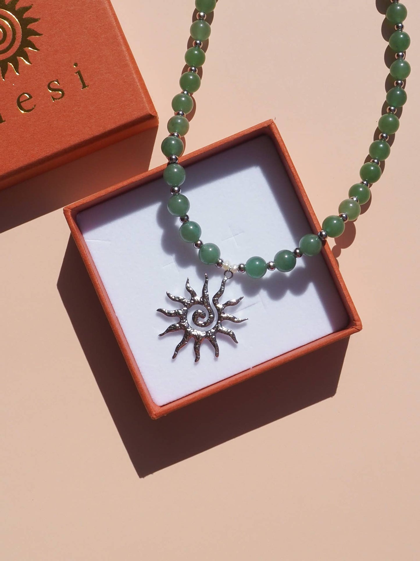 Spiral Sun Green Aventurine Natural Gemstone Beaded Necklace: 16" / (Silver) Stainless Steel