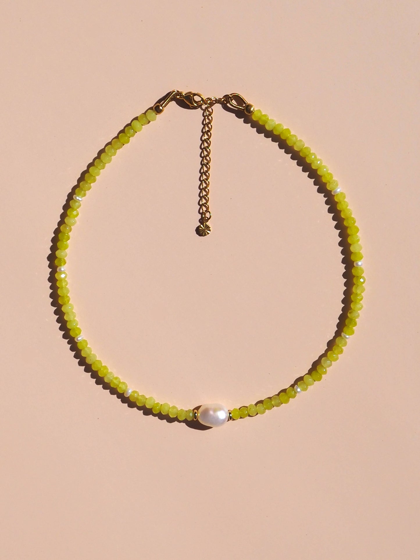 Freshwater Pearl with Lime Gemstone Beaded Necklace: (Silver) Stainless Steel
