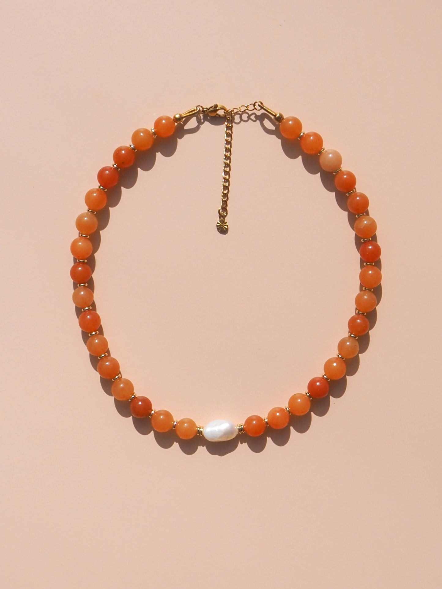 Freshwater Pearl with Red Aventurine Necklace : (Gold) 18K Gold over Stainless Steel