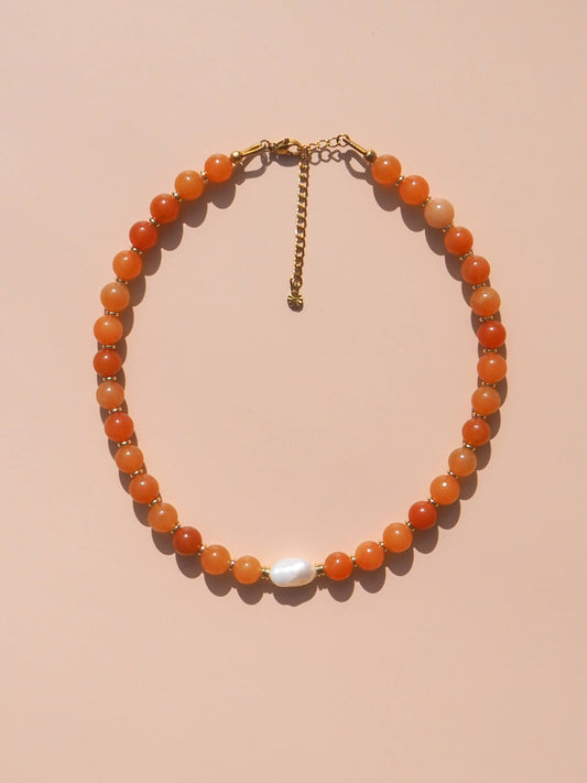 Freshwater Pearl with Red Aventurine Necklace : (Silver) Stainless Steel