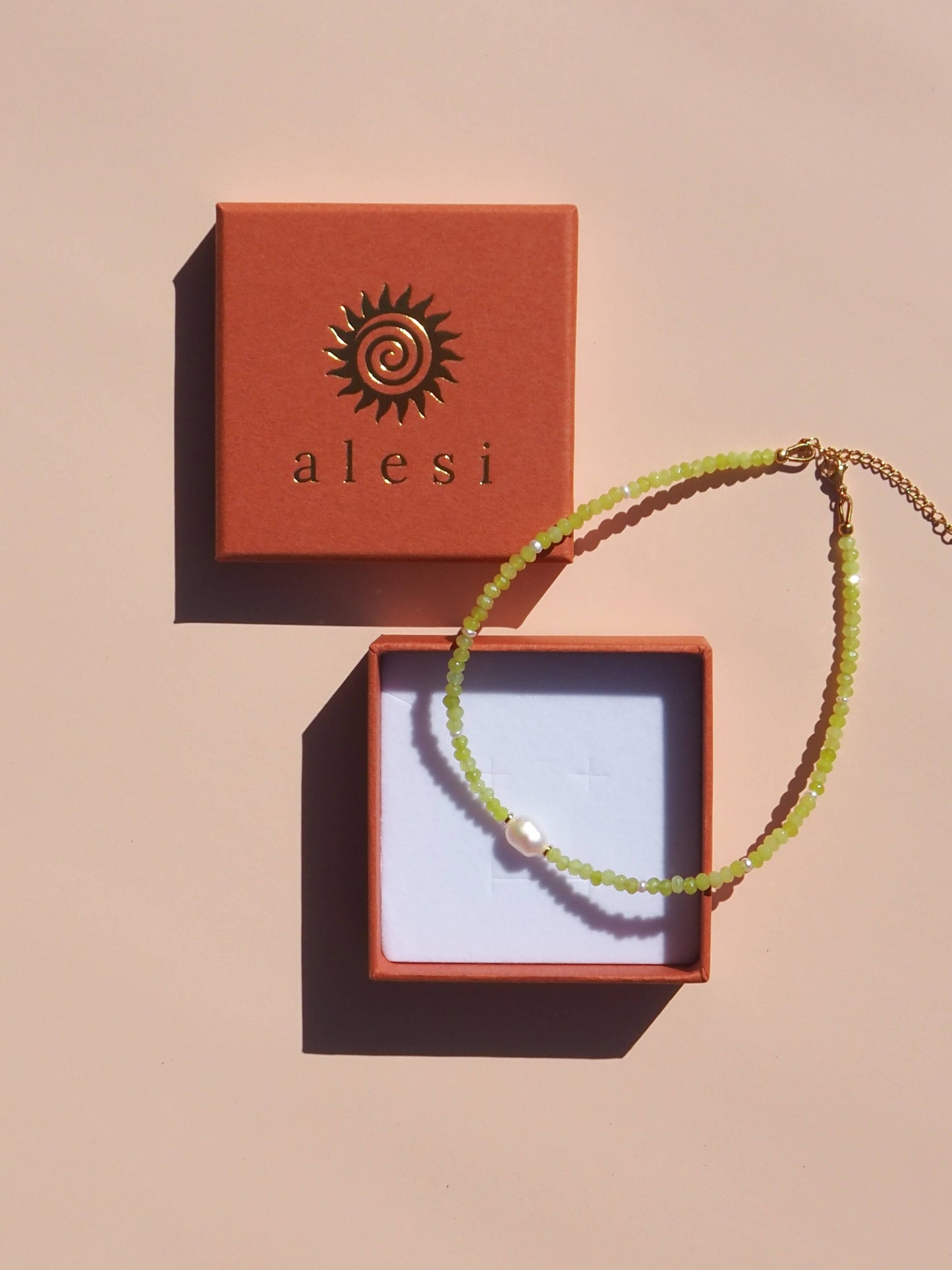 Freshwater Pearl with Lime Gemstone Beaded Necklace: (Silver) Stainless Steel