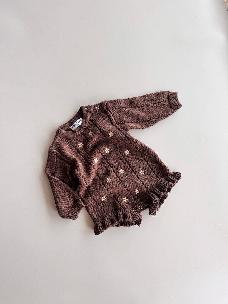Embroidered Pointelle Romper | Brown Daisy
