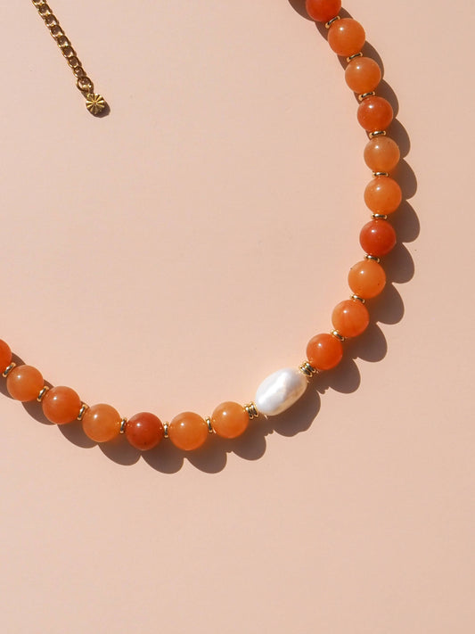 Freshwater Pearl with Red Aventurine Necklace : (Gold) 18K Gold over Stainless Steel