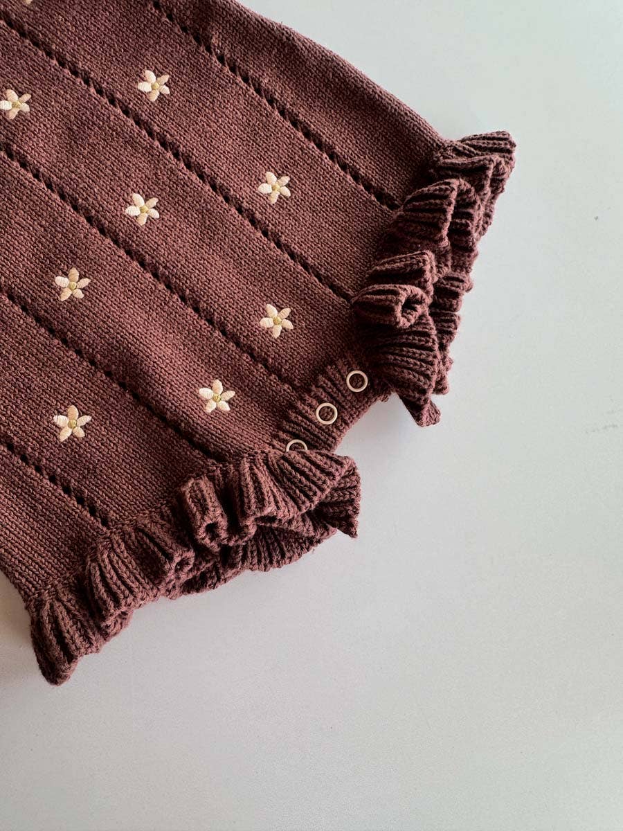 Embroidered Pointelle Romper | Brown Daisy