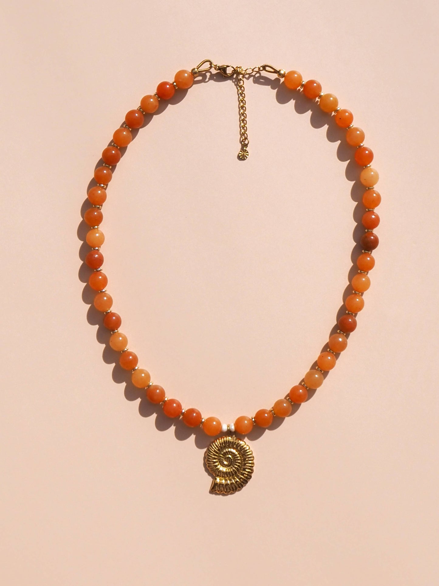 Spiral Shell Beaded Necklace Red Aventurine: 16" / (Gold) 18K Gold over Stainless Steel