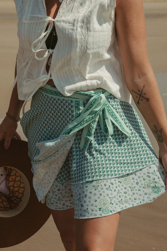 Emily Mini Wrap Skirt -  Aqua Multi