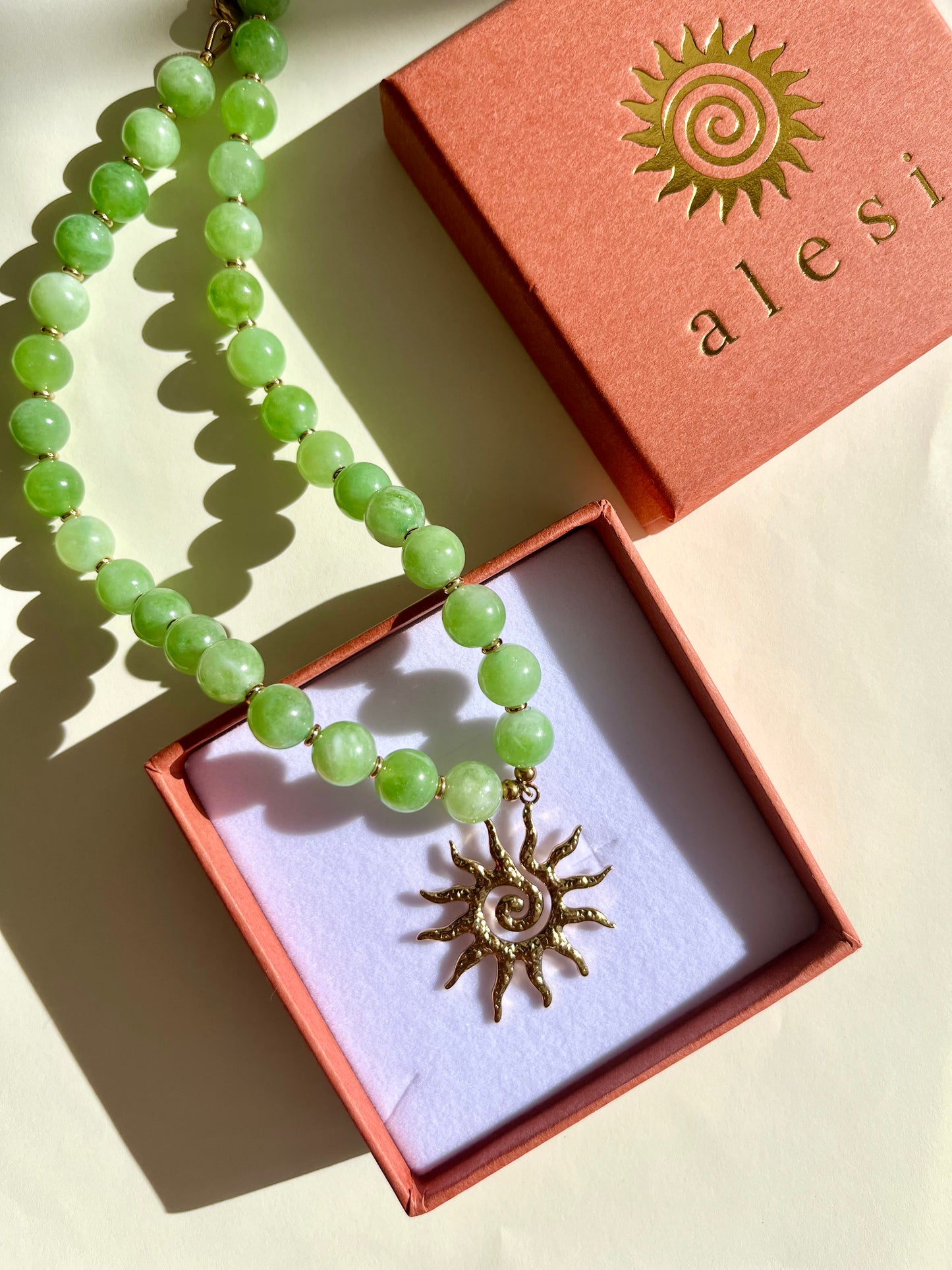 Gold Sun Necklace - Green Beaded Adventurine