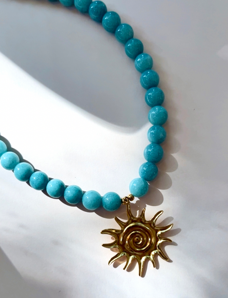 Gold Sun Necklace - Blue Beaded Adventurine