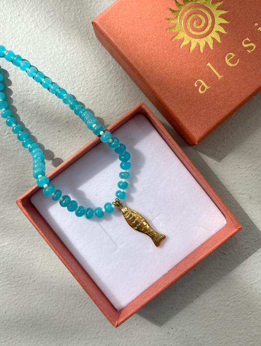 Gold Fish Necklace with Blue Glass Beads