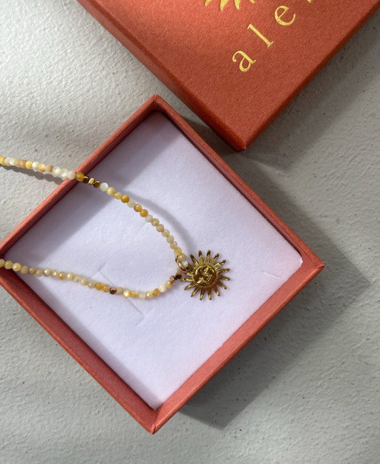 Gold Sun Necklace with Yellow Faceted Glass Beads
