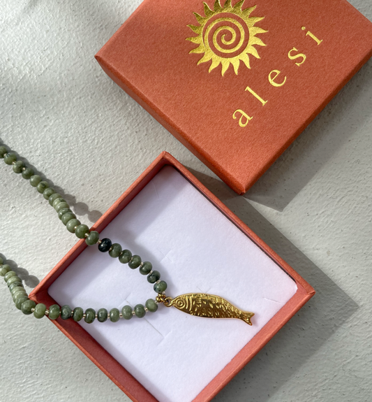 Gold Fish Necklace with Jade Beads