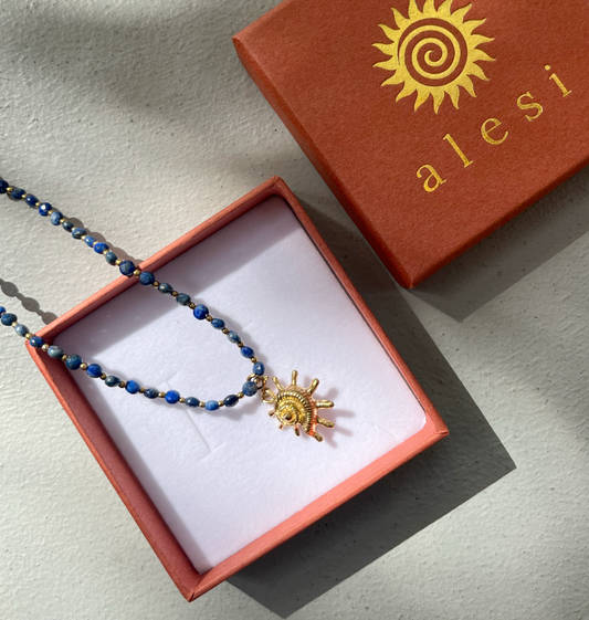 Gold Shell Necklace with Faceted Lapis Lazuli Beads
