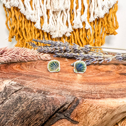 Sea Shell Porcelain Stud Earrings: Blue Green