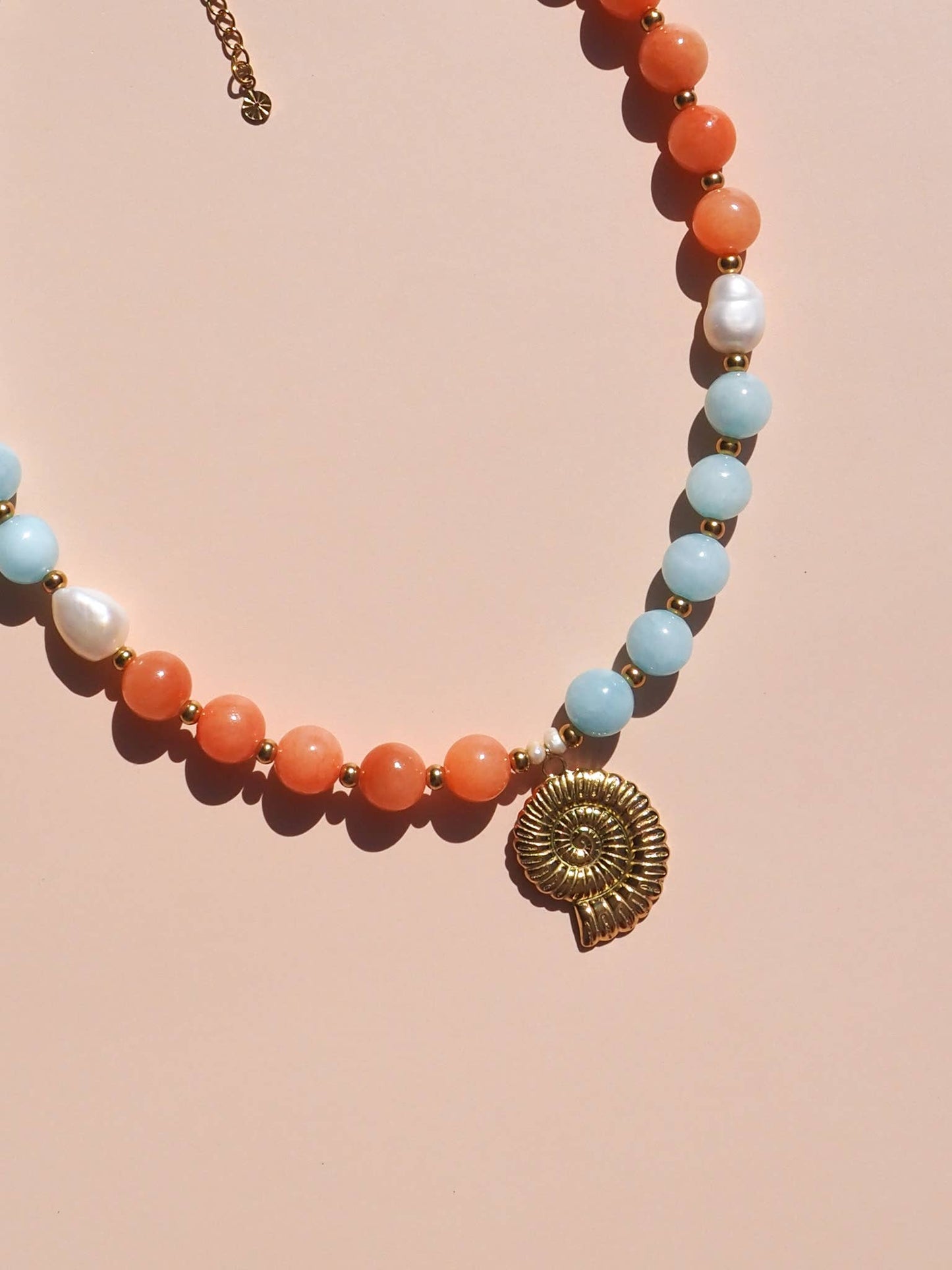 Freshwater Pearl Spiral Shell Beaded Necklace: (Gold) 18K Gold over Stainless Steel