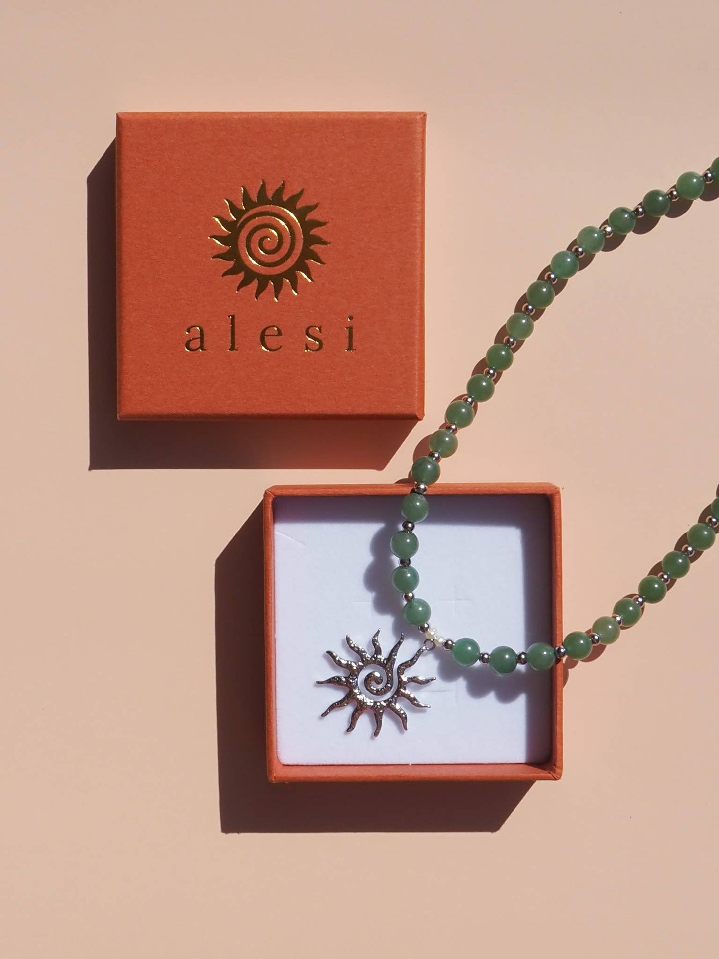 Spiral Sun Green Aventurine Natural Gemstone Beaded Necklace: 16" / (Silver) Stainless Steel