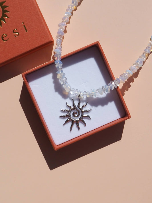 Spiral Sun Opalite Gemstone Necklace: (Gold) 18K Gold over Stainless Steel