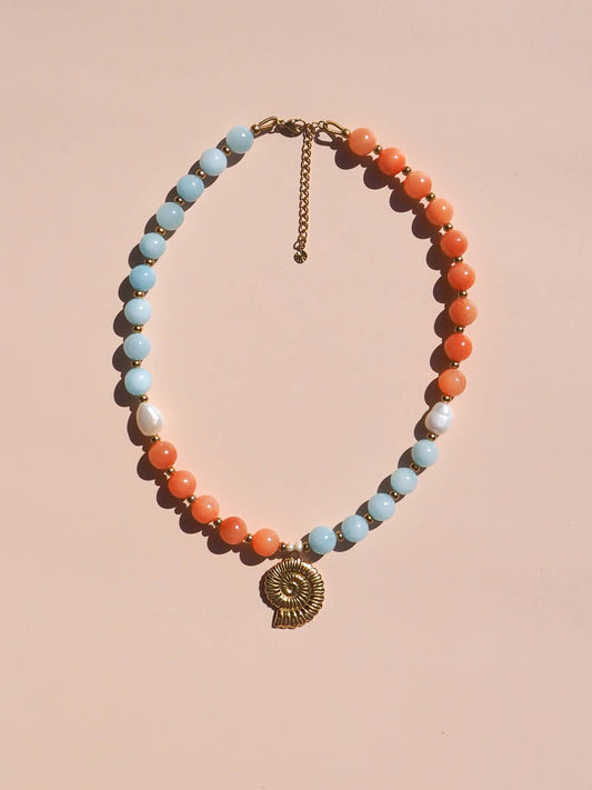 Freshwater Pearl Spiral Shell Beaded Necklace: (Gold) 18K Gold over Stainless Steel