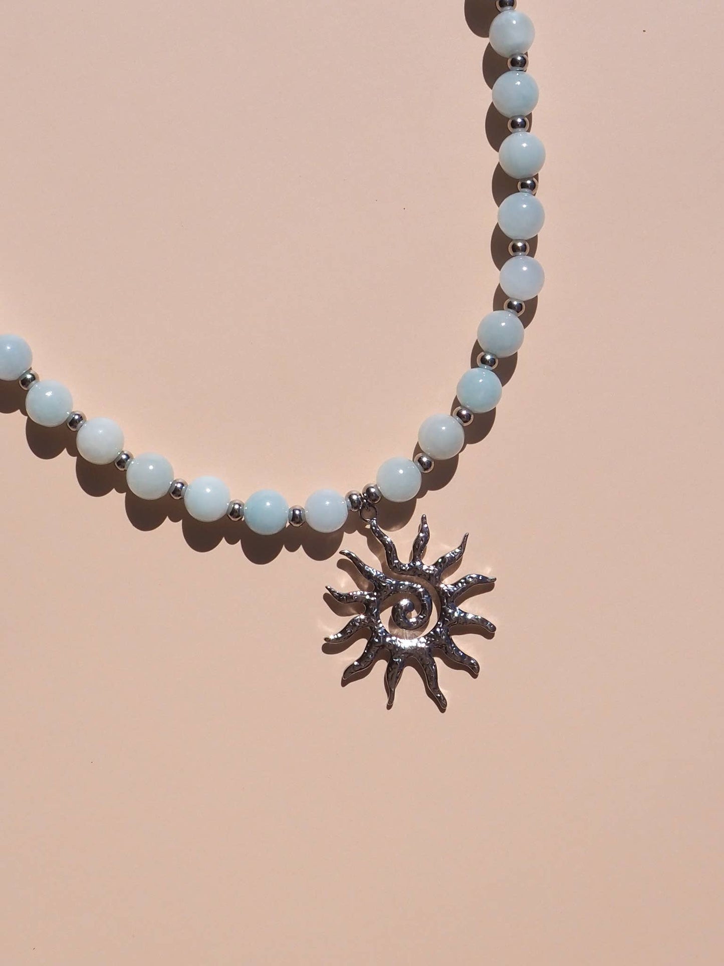 Spiral Sun Blue Beaded Gemstone Necklace : (Gold) 18K Gold over Stainless Steel / 16"