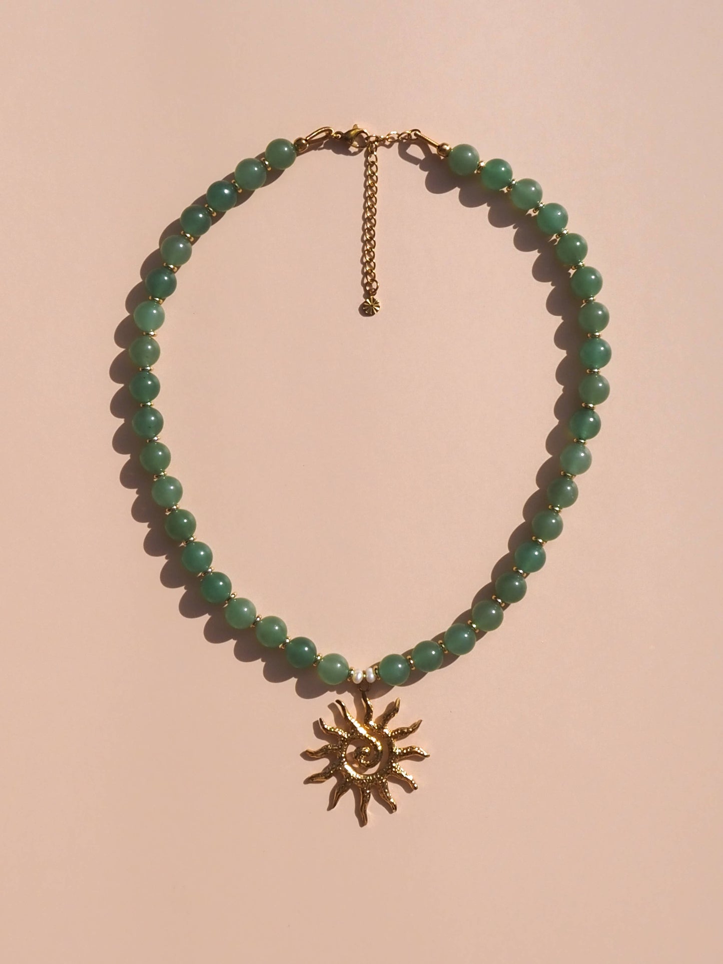 Spiral Sun Green Aventurine Natural Gemstone Beaded Necklace: 16" / (Silver) Stainless Steel