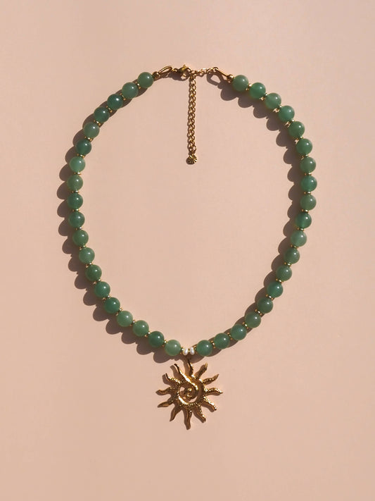 Spiral Sun Green Aventurine Natural Gemstone Beaded Necklace: 16" / (Silver) Stainless Steel