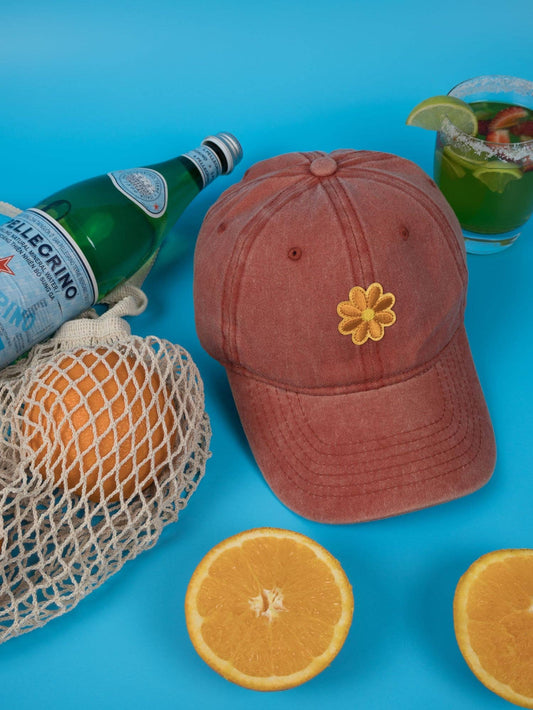 Vintage Washed Cap - 100% Cotton - Byron Bay - Flower - Burnt Orange